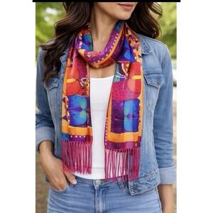 Laurel Burch Silk Scarf Multicolor Cat Art Fringed Rectangle NWT 11x52 Gift